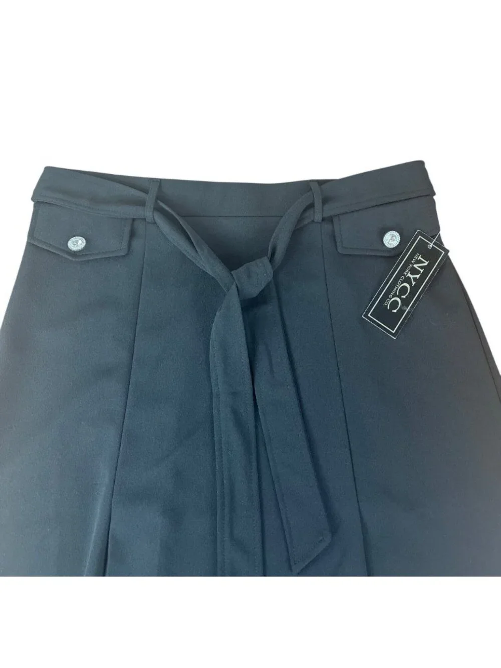 NYCC Black Pleated A-Line Skirt With Rhinestone Buttons & Waist Tie Size Medium - Picture 12 of 13